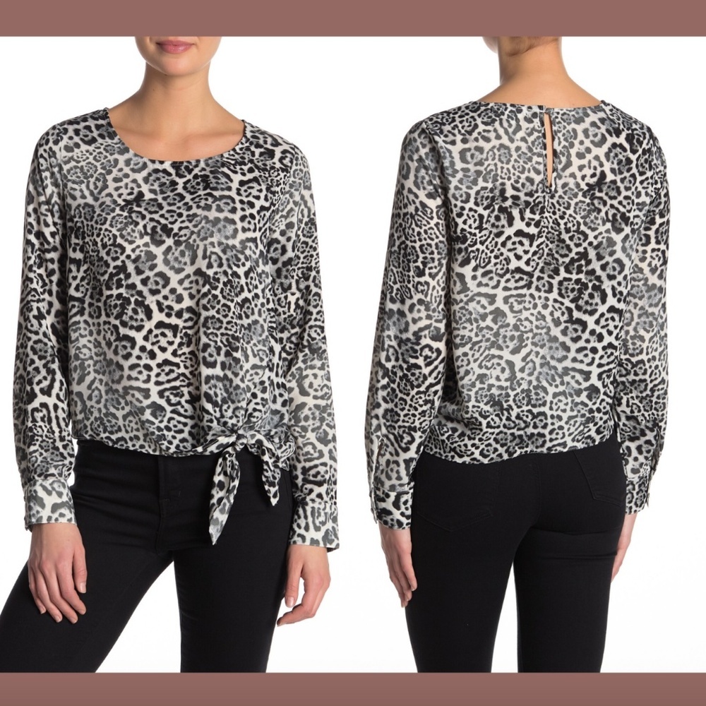 NEW Socialite Leopard Print Tie Front Long Sleeve Chiffon Blouse [ Small ] #3229